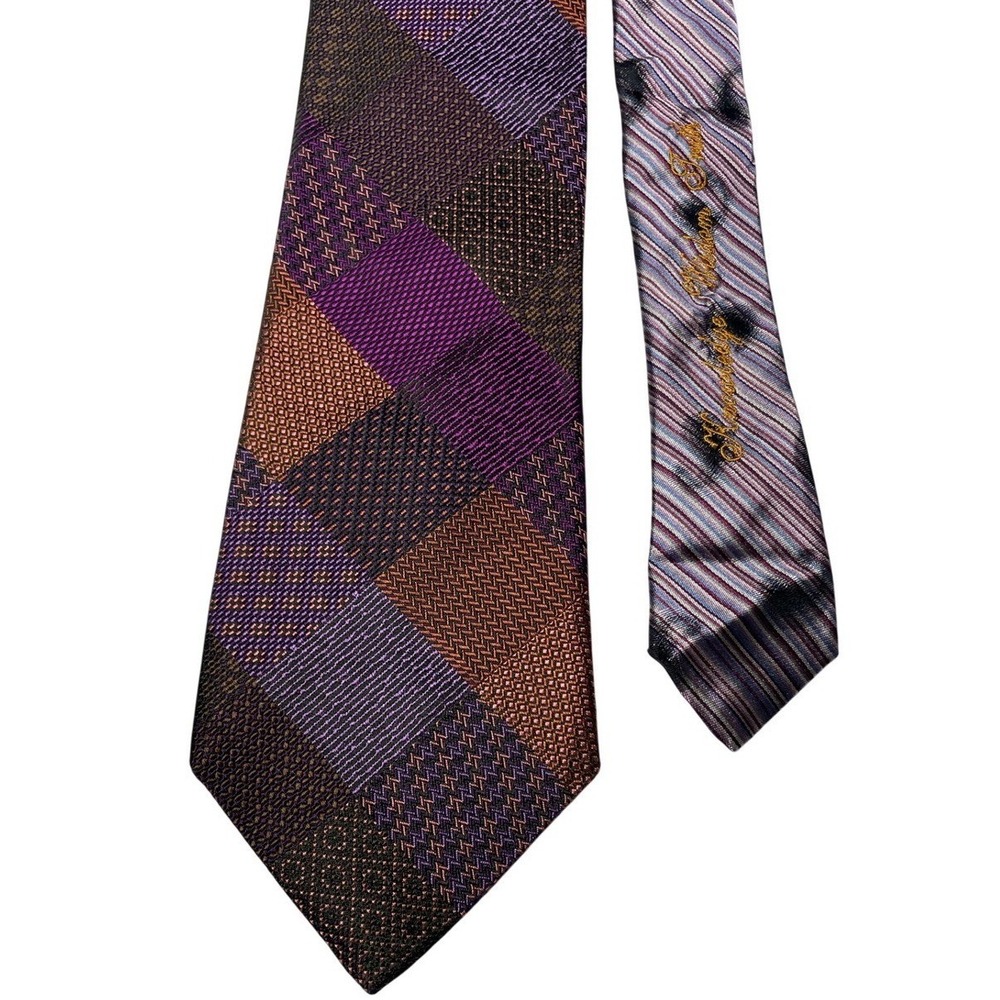 Vintage Y2K Robert Graham Silk Patchwork Purple Gold Tie Men's OS